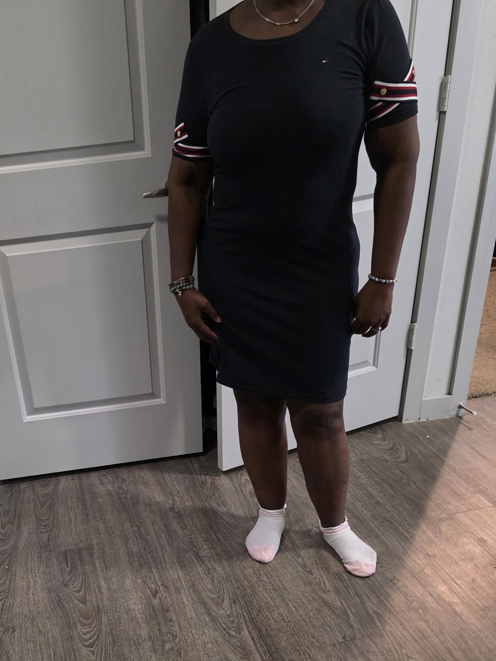 Navy Blue Short Sleeve Sheath Dress with Stripe Sleeve Detail